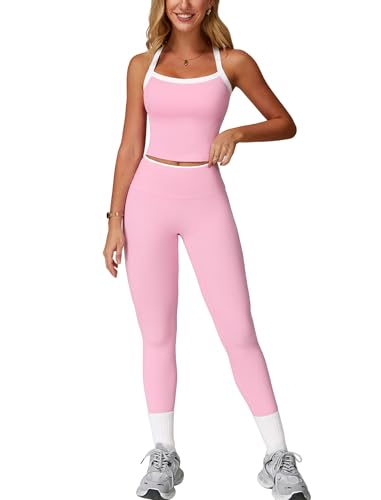IDOPIP Survêtement de sport deux pièces pour femme pour le fitness : dos nu tenues d'été avec rembourrage et leggings taille haute - Ensemble de gym avec dos à lanières pour yoga, pilates et