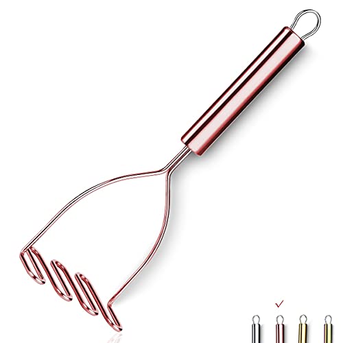 Copper Potato Masher, Stainless Steel Heavy Duty Metal Potato Ricer With Titanium Rose Gold Plating, Food Masher Utensil, Hand Masher, Vegetables Fruits Mashe, Dishwasher Safe (9.6 Inch)