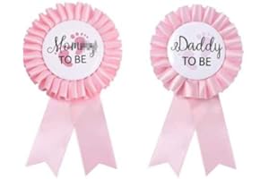 FAMOORE Pink Baby Shower Badge Pin - Mom & Dad to Be Badge - Pink Rosette Button - Baby Celebration