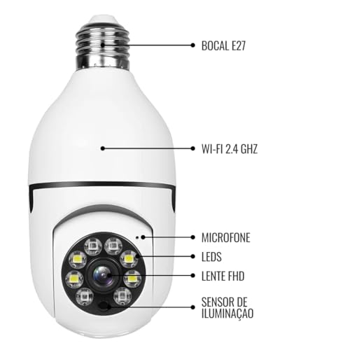 Kit 2 Câmera Segurança Lâmpada Ip Wifi 360° Full HD Inteligente Prova D'água Giratória Visão Noturna Infravermelho Detecção de Movimentos 1080P HD Bivolt Premium (2)