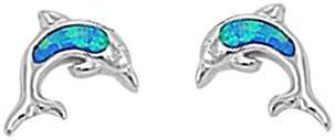 Cute Blue Created Opal Dolphine Stud .925 Sterling Silver Earrings
