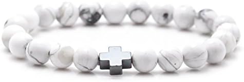 Jenhianeck Fashion Religion Alloy Cross 8MM Turquoise Beads Elastic Bracelet Bangle (Black)