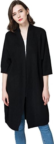 KUBITU Womens Shawl Collar Pocket Open Front Wool Long Cardigan Sweater Coat Medium Black