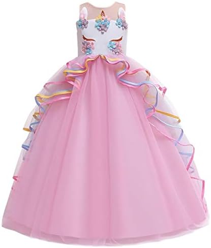 IZKIZF Girls Unicorn Rainbow Princess Birthday Party Carnival Cosplay Dress Up Costume Long Maxi Tulle Evening Gown
