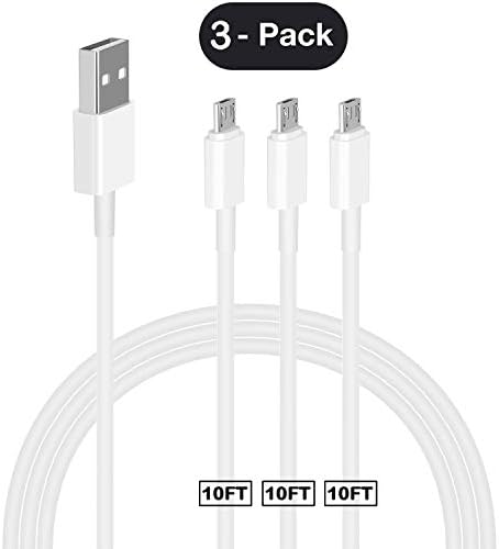 Micro USB Cable Adroid, Feel2Nice 3 Pack 10ft Extra Long Charger Cable/Fast Charger Cord{Max 3A} for Samsung Galaxy S7 Edge/S7/S6 Edge/S6, Note 5/4/2, PS4 HTC, LG G4, BlackBerry, Motorola, (White)