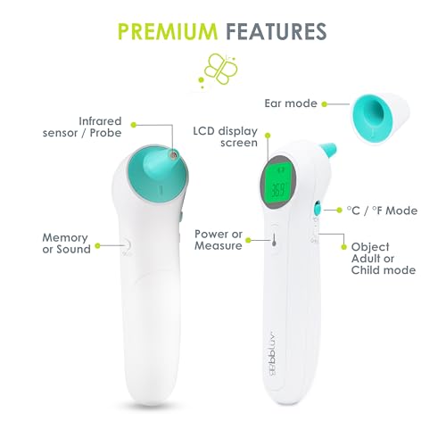 bblüv - Orä - Non-Contact Digital Infrared Thermometer, Ear Thermometer - 5 in 1 in LED Display, for Babies, Children, and Adults Tracking Fever Indicator – Fast 1 Second Temperature