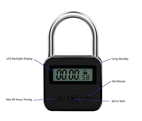 Enajucy Metal Timer Lock - Electronic Time Padlock with LCD Display - USB Rechargeable (Black)
