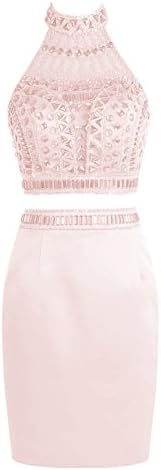 TideClothes Short Two Pieces Prom Dress Beading Homecoming Party Dress Blush US8