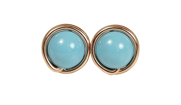 Amazon Com Rose Gold Turquoise Stud Earrings With Swarovski Pearls Wire Wrapped Pink Or Yellow Gold Filled Handmade