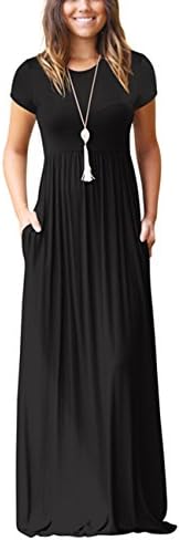 ORQ Women's Solid Short Sleeve High Waist Loose Casual Maxi Tunic Dress with Pockets Black XX-Large