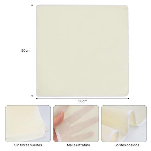Cheese Cloth de Algodón 100% Natural - 12 Manta de Cielo Reutilizables 50x50 cm, Sin Blanquear - Grado Alimenticio, Colar Leche, Hacer Queso, Yogur - Tela Reforzada y Duraderos, Fácil Limpieza