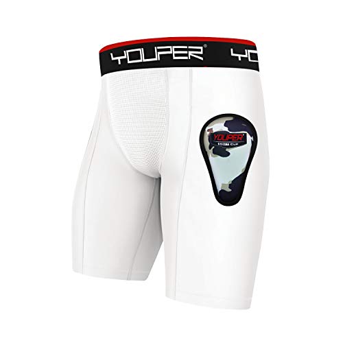 Youper Athletic Supporter, Compression Shorts w/Soft Protective Athletic Cup, Youth & Adult Sizes (White, X-Large)