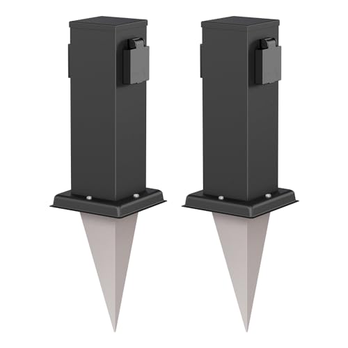 ledscom.de 2X Garten-Steckdosen-Säule Polly mit Erdspieß für außen, IP44, 2-Fach, Edelstahl, eckig, schwarz, 27cm