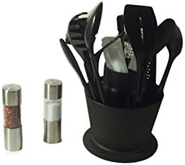 Kitchen Utensil 14 Piece Set-Revolving Caddy and 2 Gourmet Stainless Steel Pepper &amp; Salt Grinders Gift Bundle- Grater, Whisk, Spatula, Serving, Slotted, Mixing Spoons, Soup Ladle, Pasta Server, Fork