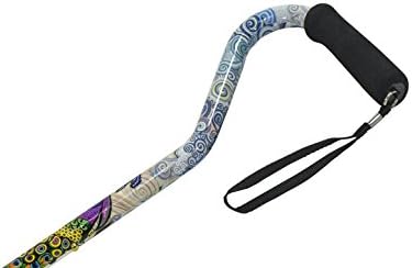 Offset Aluminum Cane - Red Peacock. A striking cane with a colorful peacock design on the aluminum shaft. Foam grip, adjustable.