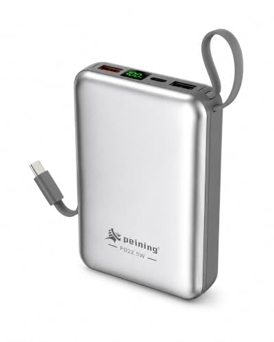 Power Bank 20000mAh PD 22.5W Carregador Portátil USB-C Display LED | Painel LED, Cabo Integrado, USB-C e Cabo Compatível com Iphone, Alça para Transporte, Carregamento Rápido,