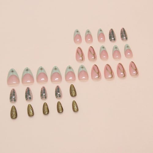 24 Pcs Fall Winter Press on Nails Short Almond - YEFIUO Pink Fake Nails Press ons Green French Nail Art Tip Full Cover Acrylic Glossy False Nails Glue on Nails Kit with Starburst Line Design for Women - Image 3