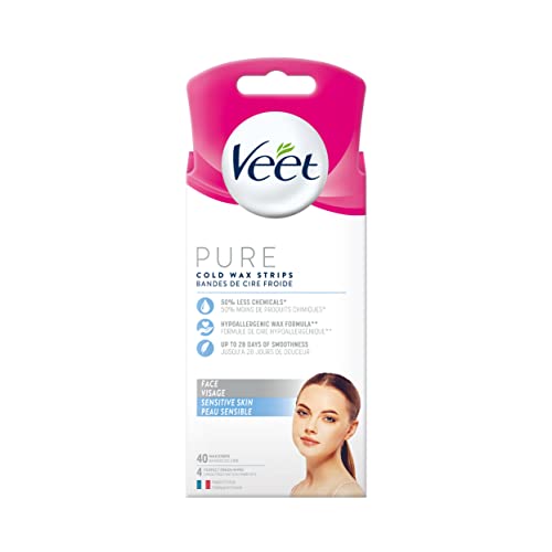 VEET PURE Face Wax Strips for Sensitive Skin, Cold Wax with Hypoallergenic Formula & Fewer Chemicals, Up to 28 days of Smoothness, 40 Wax Strips + 4 Perfect Finish Wipes