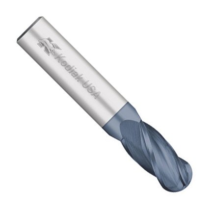 Kodiak Cutting Tools KCT133219 USA Made  Solid Premium Carbide Ball Nose End Mill, AlTiN Coated, 4 Flute, 1/8" Shank, 1/4" Length of Cut, 1-1/2" Overall Length, 1/16"