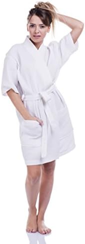 Cottonna Women's Knee Length Waffle Kimono Bathrobe Made in Turkey (One Size, White)