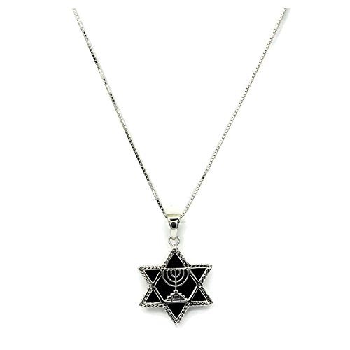 Star of David Necklace with Temple Menorah in Sterling Silver and Onyx