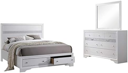 Amazon Com Tokyo 3 Piece Bedroom Set Queen White Wood Contemporary Storage Panel Bed Dresser Mirror Kitchen Dining