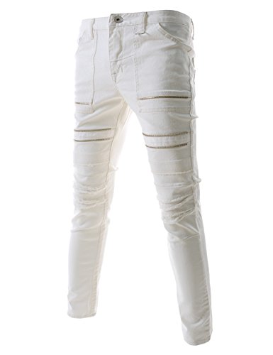 (ILJ397) Mens Slim Skinny Stretchy Zipper Decoration Jeans WHITE Large(US 32)