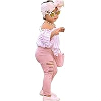 EITC 3 PCS Clothing Set Vertical Striped Top and Pink Pants with Holes and Headband for Baby Toddler Kids Girl