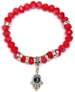 Gemstone Hamsa Hand Lucky Charm Stretch Bead Bracelet Women Kids Wrap Bangle With Charms Round Layer (Red)