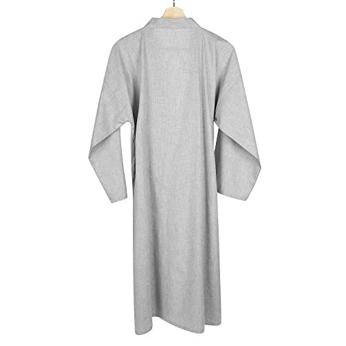 Men Sleepwear Cotton Robe Kimono Pajama Large Night Gown Loose Lounger Nightwear Grey Blue - Thumbnail 2