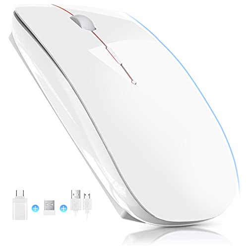 YOMYM Mouse Ratón óptico Inalámbrico Recargable 2.4 G, Silencioso Click con Receptor USB y Tipo-c Adaptador 3 Ajustable DPI Ratón Para Computadora, Ideal para Ordenadores portátiles, PCs, Blanco