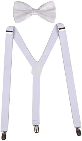 Sunny Ocean Clip On Bow Tie and White Suspenders for Men Y Suspenders Solid White