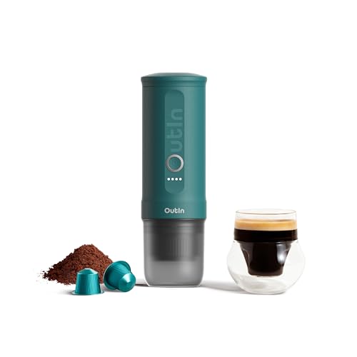 OutIn Nano Cafeteira Elétrica Portátil,Cafeteira de cápsulas &moído,cafeteira para carro com aquecimento automático com USB-C,com café moído e cápsula NS para trailers, caminhadas, escritório.