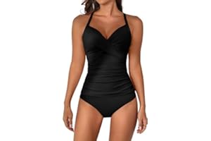 B2prity Women's Ruched Tankini Swimsuits V Neck Wrap Tie Back Two Pieces Bathing Suit Tummy Control Swimwear