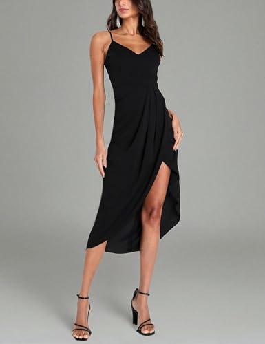SPRIME WOMEN’S COCKTAIL WRAP DRESS SLEEVELESS V NECK FORMAL MIDI DRESSES IRREGULAR TULIP HEM SUMMER SEXY DRESS FOR WOMEN BLACK