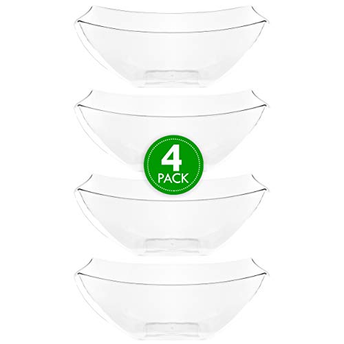 Plasticpro Disposable Square Serving Bowls, Party Snack or Salad Bowl, Plastic Clear or White Pack of 4 (16 OUNCE, Clear)