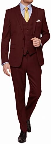 MDRN Uomo Mens Slim Fit 3 Piece Suit, Burgundy, Size 54Lx48W