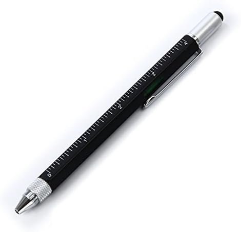 Universal Stylus Pen with Ballpoint Pen - Screwdriver (Flat and Phillips Driver Bit) - Level Gauge - Ruler (inch, cm) - in a Stylish Lightweight Durable Aluminium Housing (color Black).