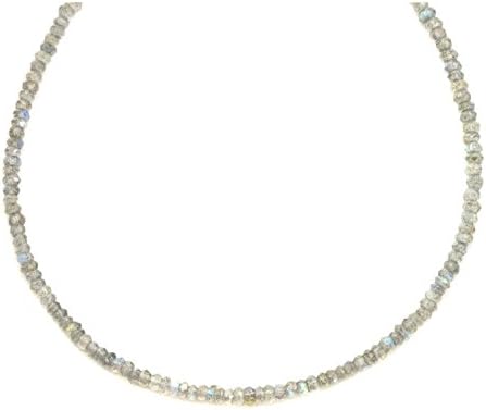Natural Labradorite Necklace Faceted Rondelle Roundelle Beads with 925 Silver Plated Claps 3.50 mm Faceted Beaded Dainty Simple Necklace. (22 Inches Matinee Length)