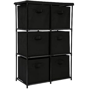 Home-Like 6-Drawer Storage Organizer Unit Fabric Chest Cabinet 3 Tier Metal Shelves with 6 Non-Woven Collapsible Bins Ideal for Storing Clothing Underwear Jeans Documents Books Towers (Black)