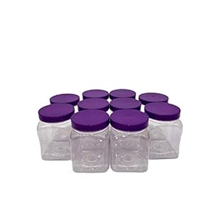 Truenova 10 x 450ml Square Plastic Storage Jars Kitchen/Garage Organisation & Purple Lids