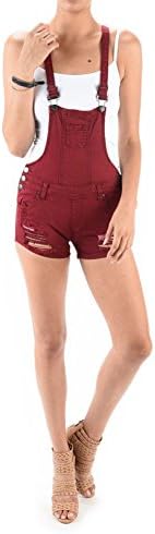 G-Style USA Women's Destroyed Cute Color Denim Short Overalls RJSO937 - Burgundy - Large - KK11F