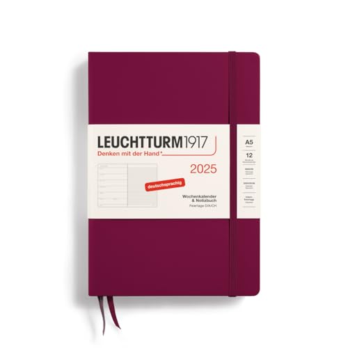 LEUCHTTURM1917 370486 Weekly Calendar & Notebook 2025, Medium A5 Hardcover - 12-Month Planner, 80 g, Lined - Port Red