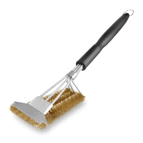 Spazzola per barbecue in ottone con raschietto integrato, spazzola in ottone, manico resistente al calore, spazzola in ottone, piccola spazzola per forno per pizza, spazzola per barbecue, barbecue a