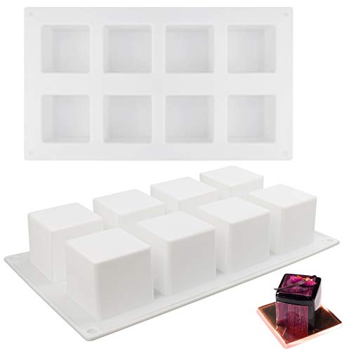 Mity rain Square Dessert Baking Mold/Silicone Mousse Cake Mold for Soap bar Candle Pastry Pudding Jelly Candy Chocolate Truffle Loaf Ice Cream Mould, 3D Cube Shape 8-Cavity（2 Pack）