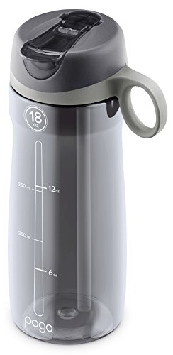 Pogo BPA-Free Plastic Water Bottle with Flip Straw, Grey, 18 oz Standard