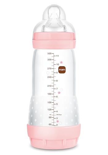 MAM Anti-Kolik-Flasche, ab 4 Monaten, 320 ml, mit Sauger mit 3 schnellen Durchfluss aus Silikon, leicht anzunehmen, selbststerilisierend und leicht zu reinigen, Easy Start Anti-Colic, Hellrosa, 1