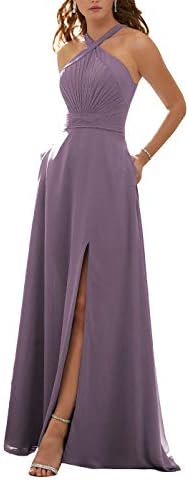 Stylefun Women's Halter Bridesmaid Dresses Slit 2019 Formal Prom Evening Party Gowns with Side Pockets KN010