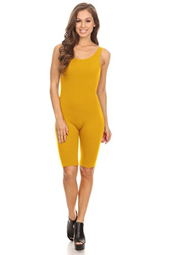 Women Sleeveless Stretch Skinny Solid Knee Length Sport Unitard Bodysuits Active (Small, Mustard) - Thumbnail 2