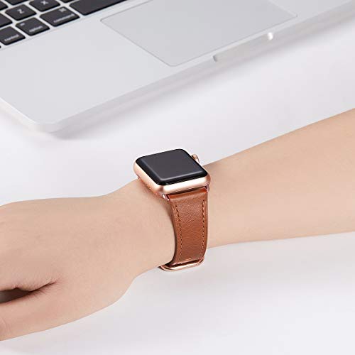 WFEAGL Compatible iWatch Band 44mm 42mm, Top Grain Leather Band with Gold Adapter (The Same as Series 4/3 with Gold Aluminum Case in Color) for iWatch Series 4/3/2/1 (Brown Band+Rosegold Adapter)